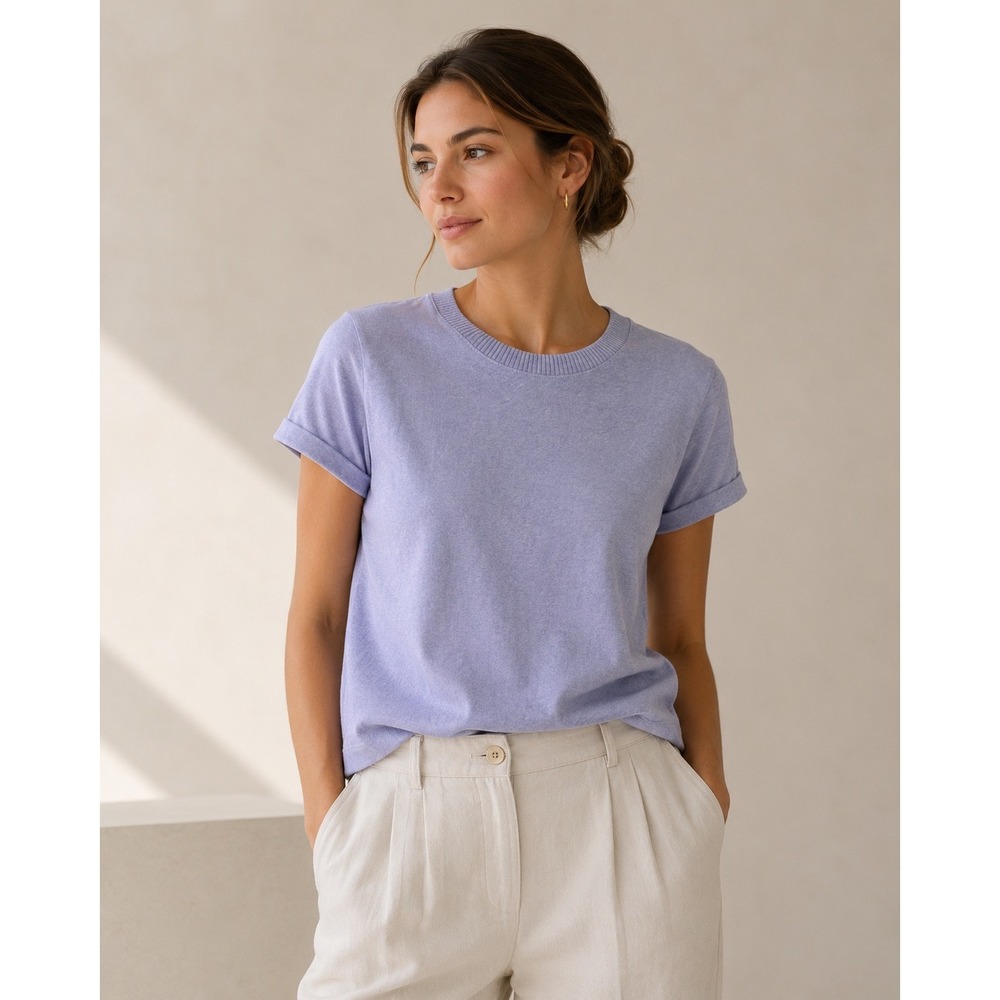 Enza Costa Sweater Womens XS Lavender Purple Cotton Cashmere Ribbed‎ Crewneck